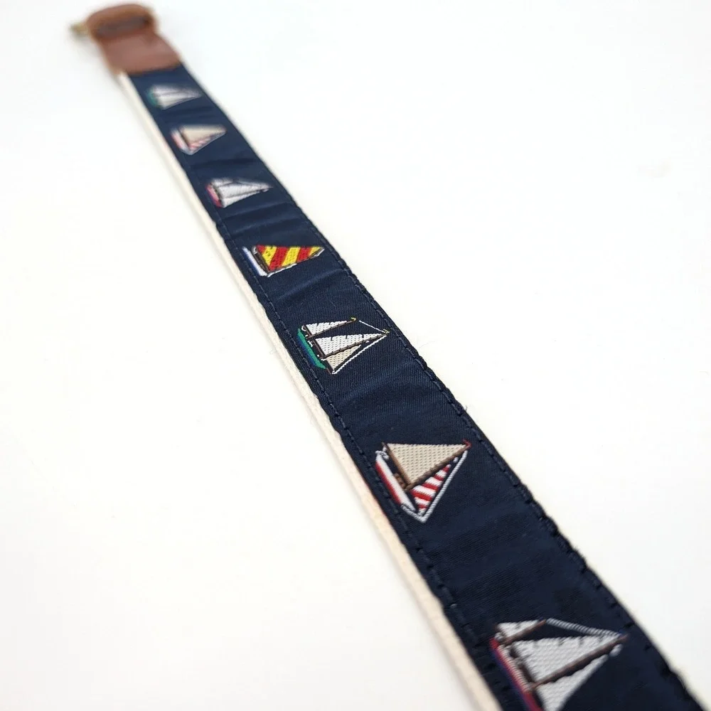 Sailboat Embroidered Nautical Nantucket Surcingle Belt Navy‎ Cream Leather 35